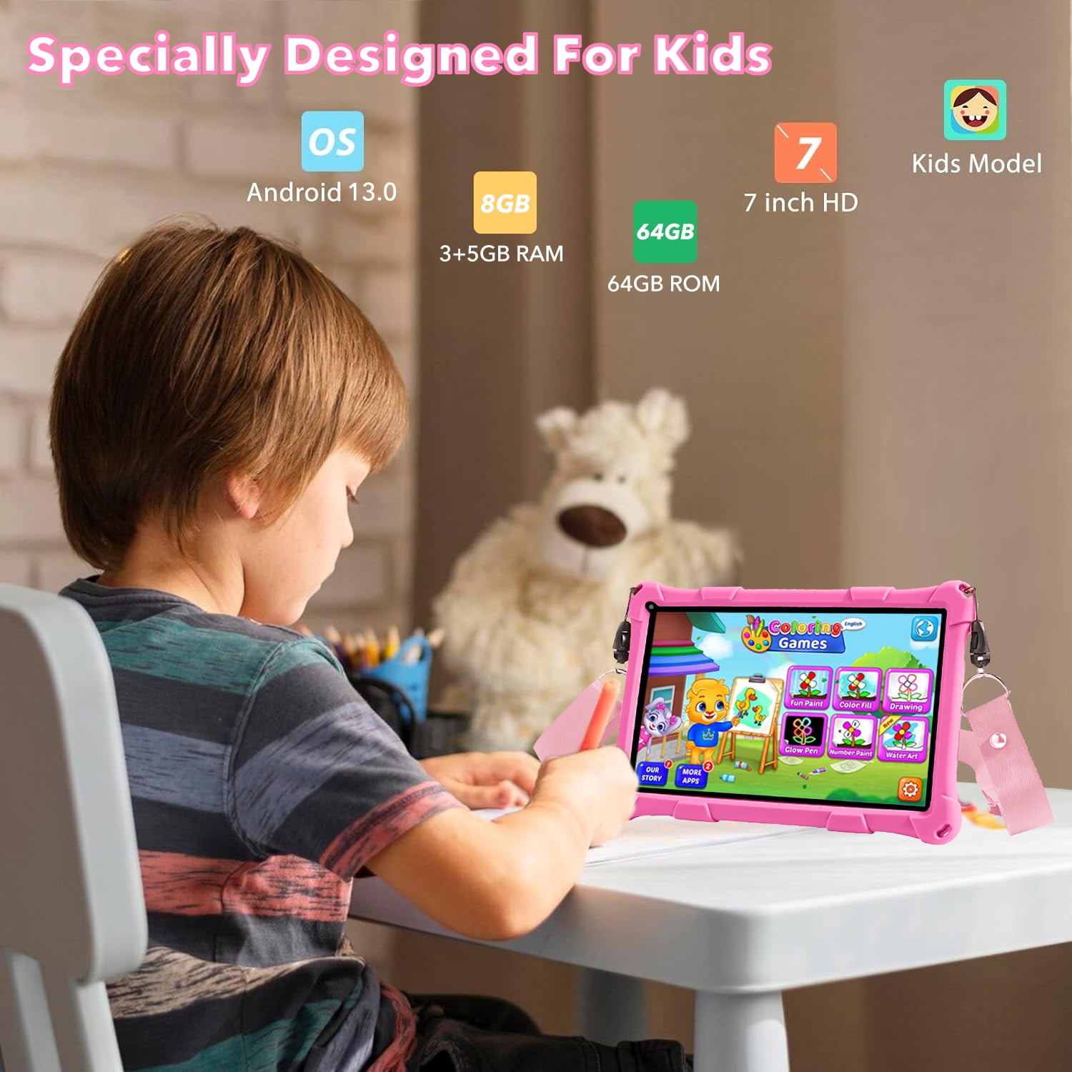 Thunrlge Kids Tablet, 7-Inch Kids Tablet, Android Tablet, 3+5 RAM 64GB ROM (TF CARD 256GB) Google Certified, Kids Software Pre-Installed, WiFi, Shockproof Case, Gift for kids, (Pink)