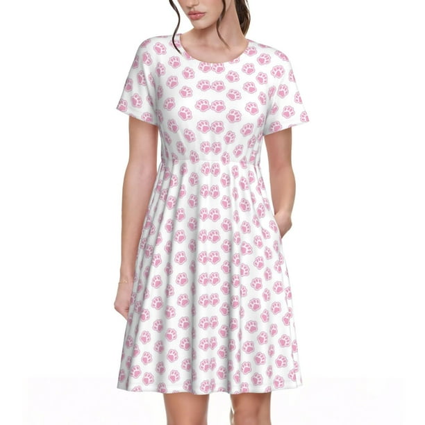 Fotbe Pink Paw Vestido Largo de Moda para Mujer, Vestido Tipo Camiseta con Manga Corta y Estilo Casual a Rayas y Bloques de Color