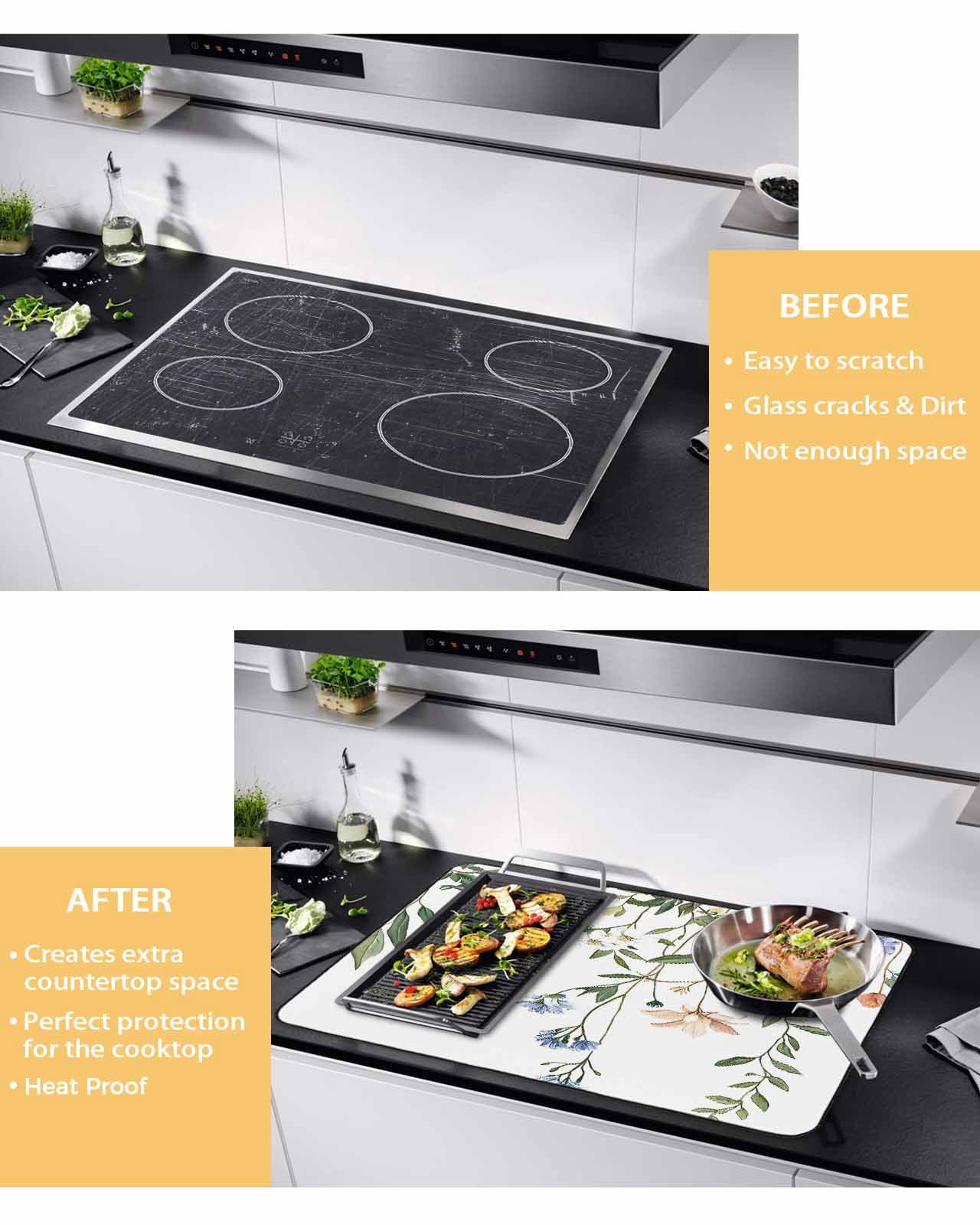 nqOlkjepod Large Induction Cooktop Protector Mat 31"x24", Spring Floral Leaves Stove Top Covers for Electric Stove, Vintage Flowers Farmhouse Stove Burner Cover Mats, Glass Top Stove Cover