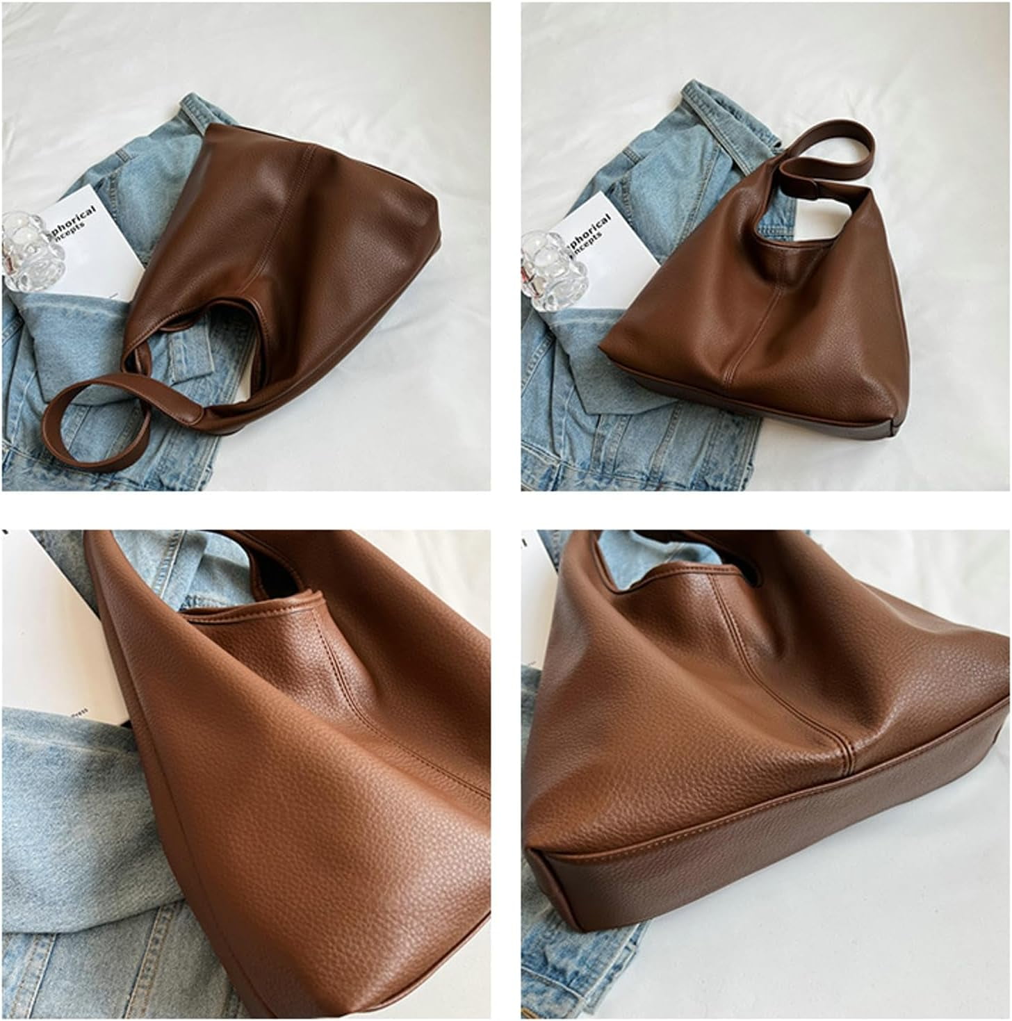 HLSOHJP Slouchy Hobo Bags for Women Tote Bag Retro PU Leather Crossbody Purse Soft Shoulder Purses 2pcs Work College Handbags