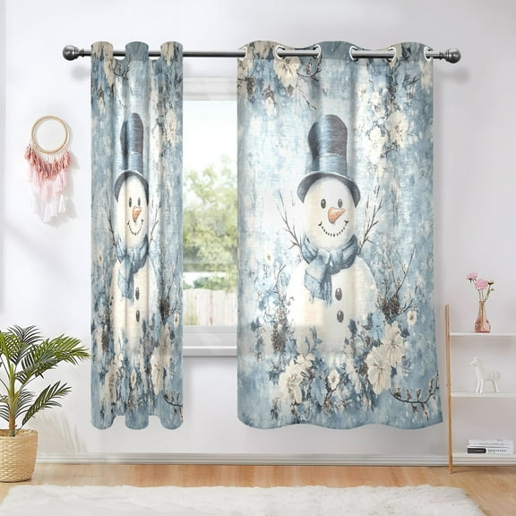 Sheer Curtains Grommet Drapes Window Treatments Light Filtering for Bedroom Living Room 2 Panels 42" x 63" Blue Floral Snowman