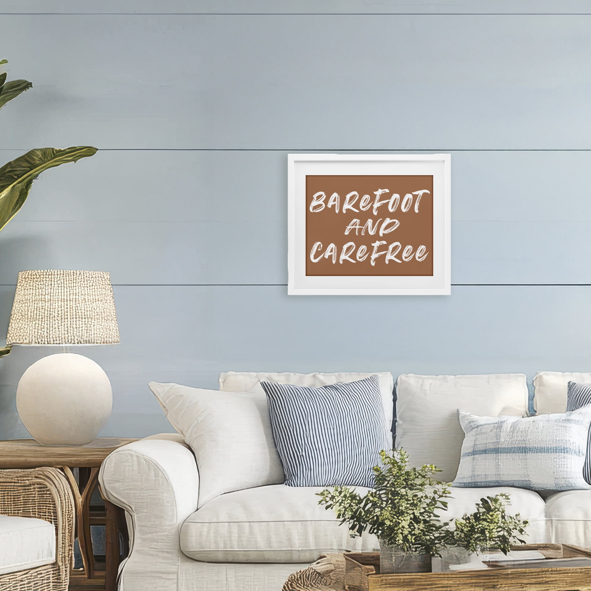 Barefoot & Carefree Brown White Framed Print Under Glass, design by Lettered and Lined