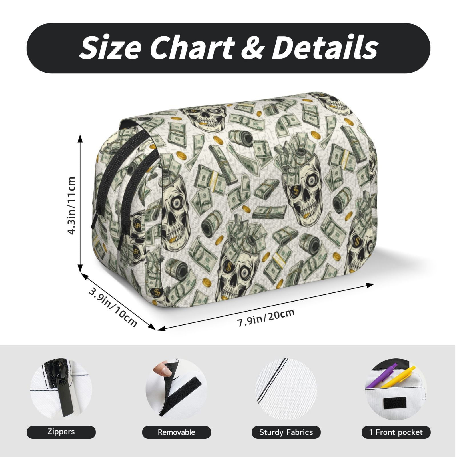 Rateoe Skull with Cash Pattern Double Clamshell Pen Case, Storage Organizer with Two Zipper Compartments– Holds Up to 50 Pencils & Pens