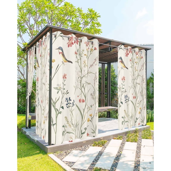 nqOlkjepod Outdoor Curtains for Patio Waterproof, Spring Floral Outdoor Privacy Panels Grommet, Summer Birds Botanical Country Vintage Blackout Outside Curtains for Porch/Cabana 54"x108", 2 Panels