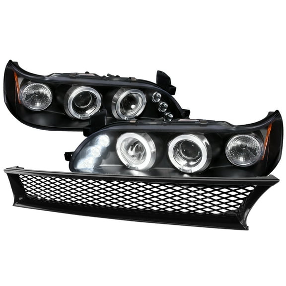 Spec-D Tuning Black LED Halo Projector Headlights   Mesh Hood Grille Compatible with 1993-1997 Toyota Corolla Left   Right Pair Headlamps Assembly