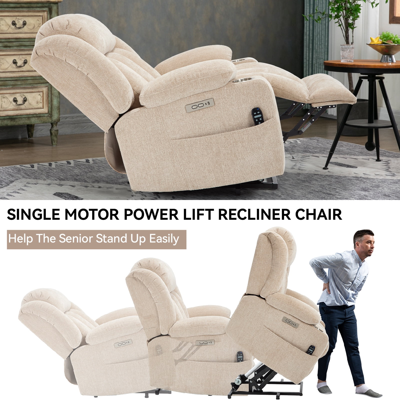 Power Lift Recliner Chair for Elderly with Massage & Heat, Heavy Duty 350 lbs Capacity,Electric Reclining Chair with USB Ports, Cup Holders, Pillow Top Arms, Medium-Firm Beige Chenille