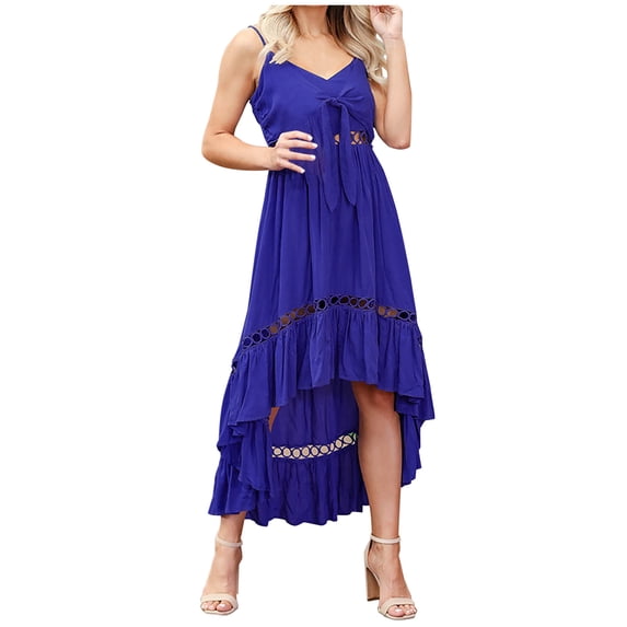 Bigersell Formal Dresses for Women Fashion Women Summer Casual Print V-Neck Camis Sleeveless Tank Long Dress Big & Tall Faux-Wrap Dress Style 25028, Female Full-Length Dresses Blue XL