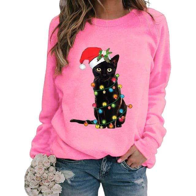 MAWCLOS Chandail en Molleton Femme Imprimé Chat Chandails en Molleton de Noël Manches Longues Chandail de Noël Ample Col Rond Rose TG