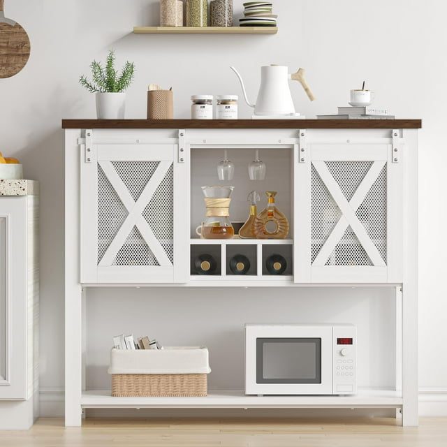 BeesClover Coffee Bar Cabinet, Console Entryway Table with Storage, Farmhouse Sideboard Buffet Cabinet with Sliding Barn Doors, Wine Liquor Cabinet with Racks for Kitchen, Hallway, Living Room