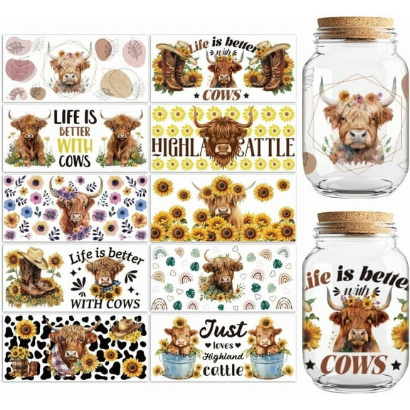 UV DTF Cup Transfer Wraps Stickers Highland Cattle and Sunflower 10 Sheets Waterproof Vinyl 16oz Coffee Glass Cup Tumbler Bottle Mug Decals for Men Women Multi-color