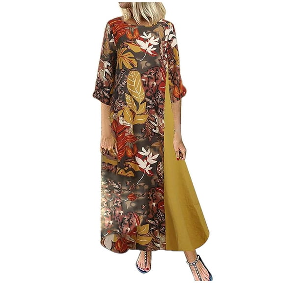 Usmixi Formal Dresses for Women Soft Cotton Linen Casual Plus Size Swing Tunic Long Dresses Round Neck 3/4 Sleeve Leaves Print 2023 Summer Maxi Dress Gold XL
