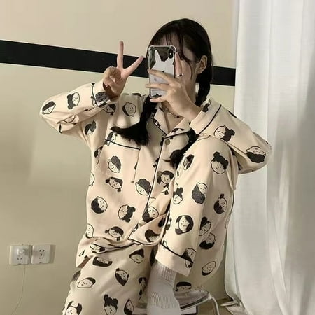 

CoCopeaunt Cow Print Pajamas Two Piece Set Autumn Pijamas Women Cotton Cute Home Clothes Pyjamas Sleepwear Japanese Style Kawaii