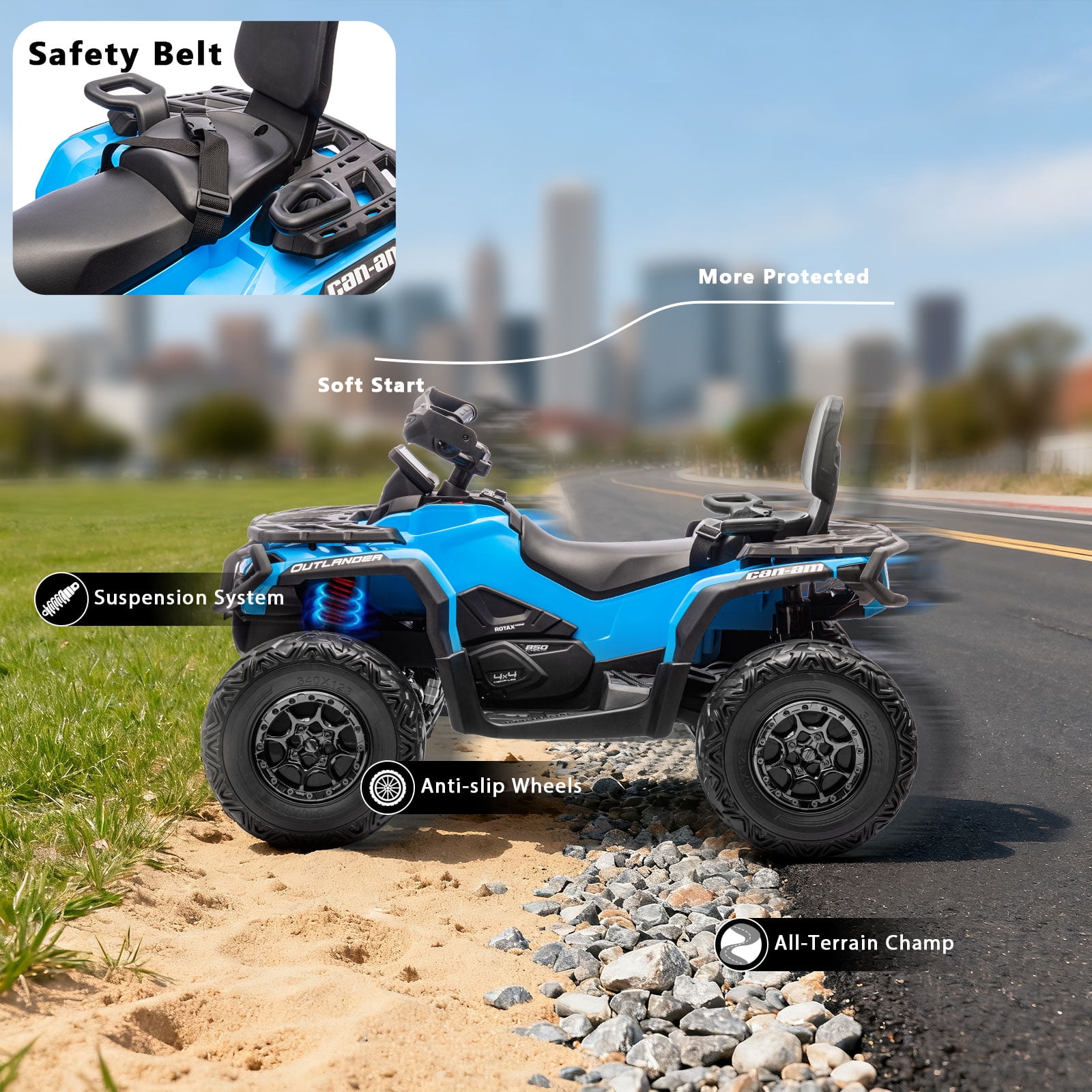 Kerry Yoo SAT5 24V Kids ATV, Licensed Can-am 4 Wheeler for Kids, Children Electric Car, 2 Seats, Parental Handle, Suspension, Safety Belt, Music-Blue
