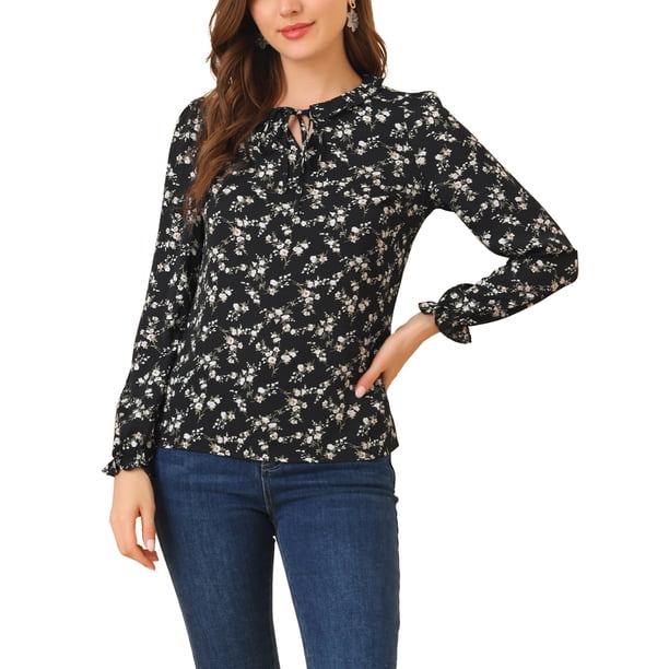 Blusa de manga rizada para mujer INSPIRE CHIC, con cuello fruncido, lazo autoajustable, elegante, de gasa floral, color negro