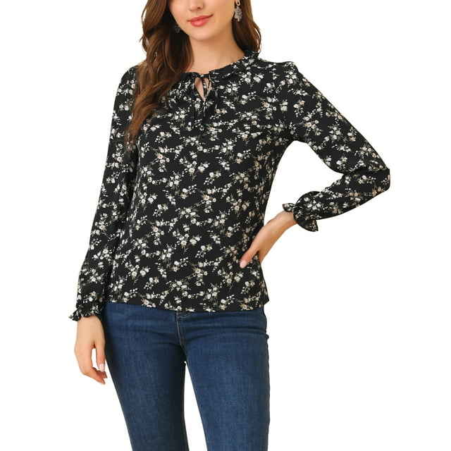 INSPIRE CHIC Blouse à Manches Longues Col Rond à Volants avec Nœud Floral pour Femmes