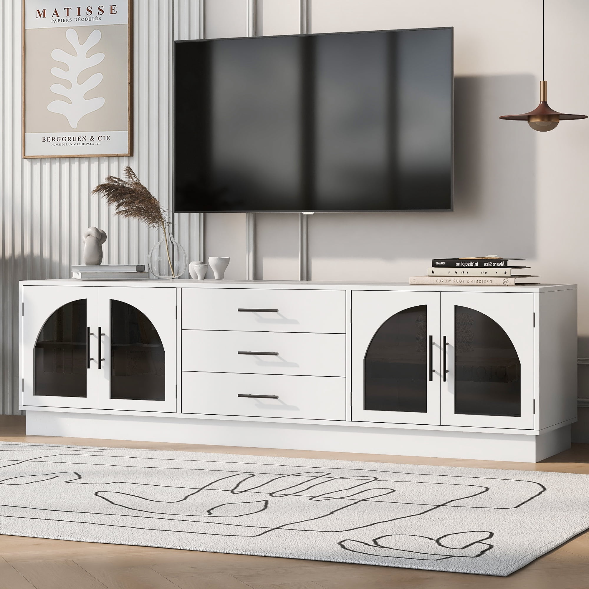 Euroco Modern TV Stand with Arched Glass Doors, Drawers & Adjustable Shelves for TVs up to 75 Inches