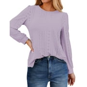 Fantaslook Eyelet Blouses for Women Dressy Casual Long Sleeve Shirts Crew Neck Fall Trendy Tops