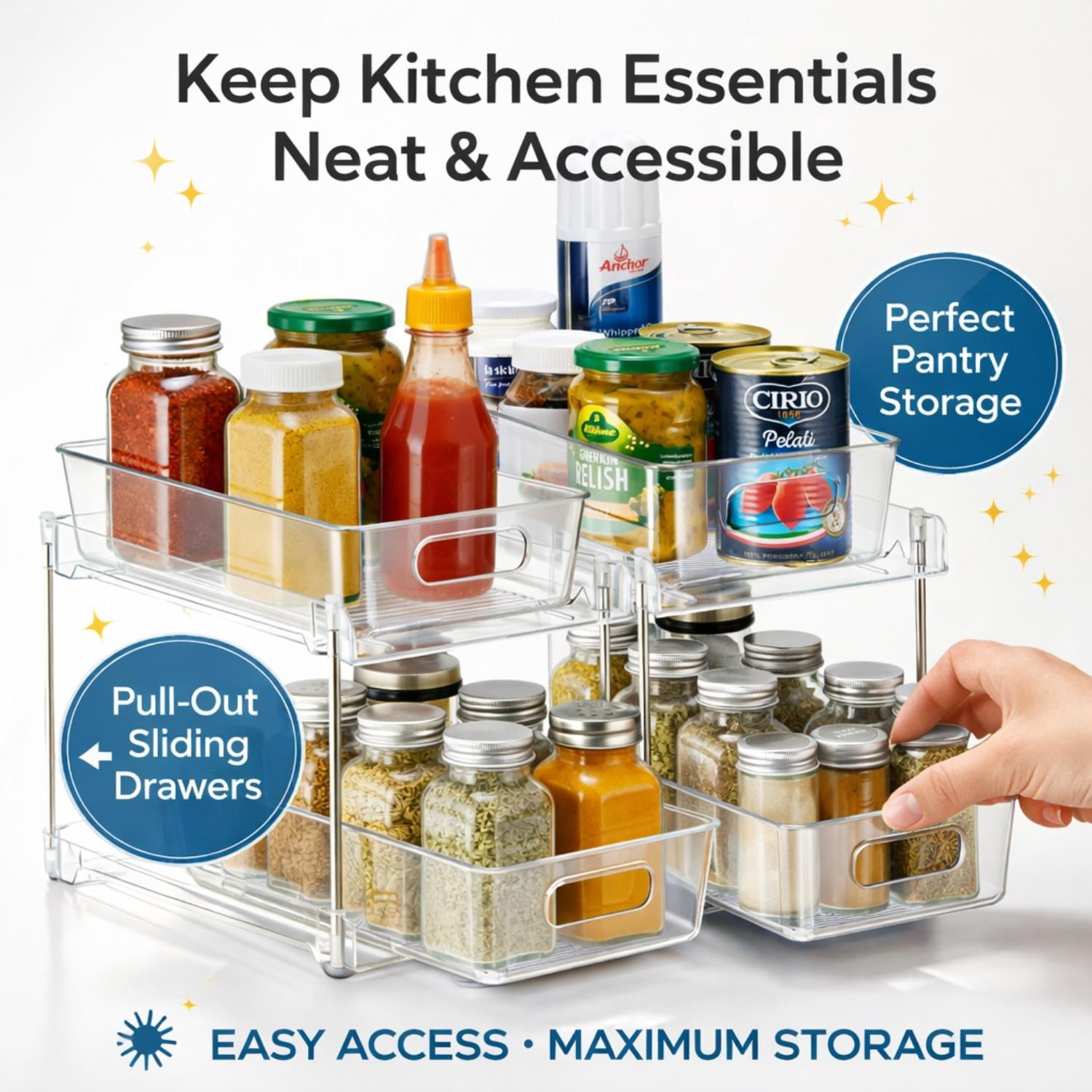 Sorbus 2-Tier Pull-Out Pantry Organizer Set, 2 Pack Clear Kitchen Cabinet Storage Drawers