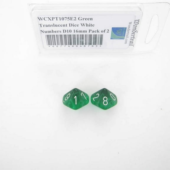Green Translucent Dice with White Numbers D10 Aprox 16mm (5/8in) Pack of 2 Wondertrail