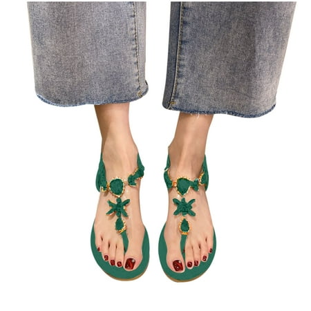 

Kukoosong Sandals Women Fashion Rhinestone Detail Flat Thong Sandals Flat Summer Beach Sandals Green 39