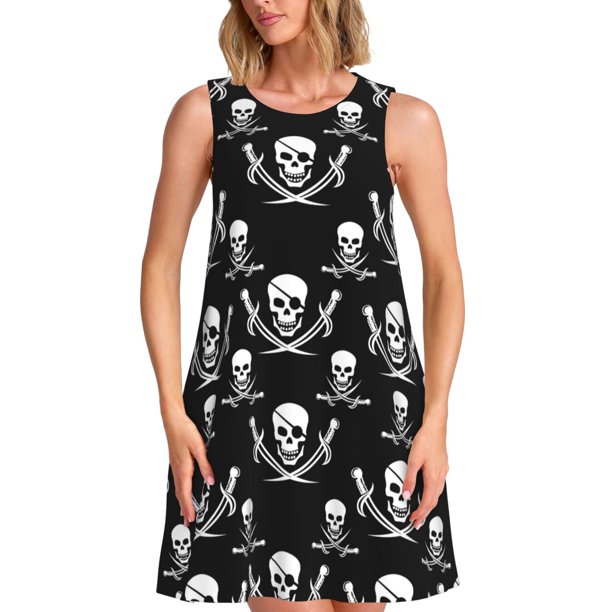 Fotbe Pirate skulls Vestido de Verano sin Mangas para Mujer – Vestido Midi Línea A, Estilo Camiseta Floral, Vestido Playero Casual y Fluido