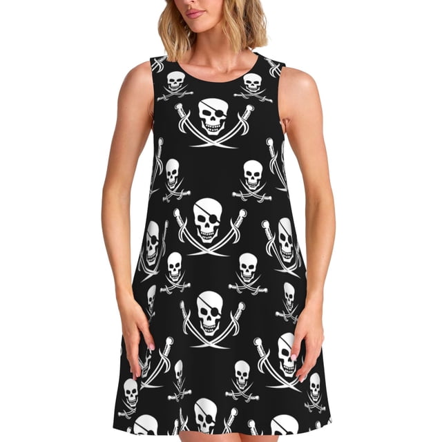 Easygdp Pirate skulls para Vestido Transpirable de Mujer, Vestido Suelto de Manga Corta con Pliegues y Bolsillos para el Verano