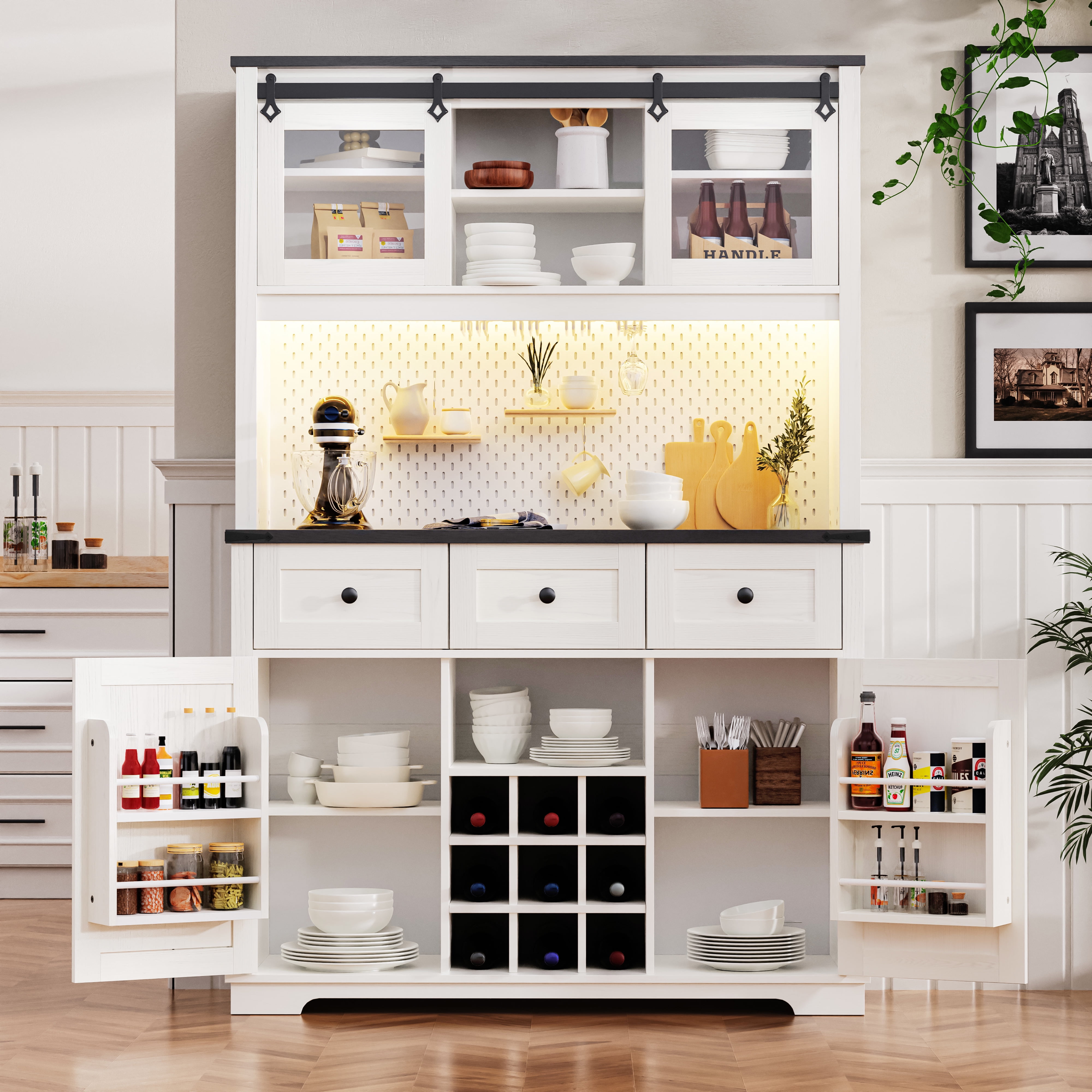 Euroco Farmhouse Coffee Bar Cabinet with Hutch – 71" Tall Kitchen Buffet & Storage Cabinet with Sliding Barn Glass Doors, RGB Lights, Power Outlets, Wine Rack & Pegboard – Oak White & Black