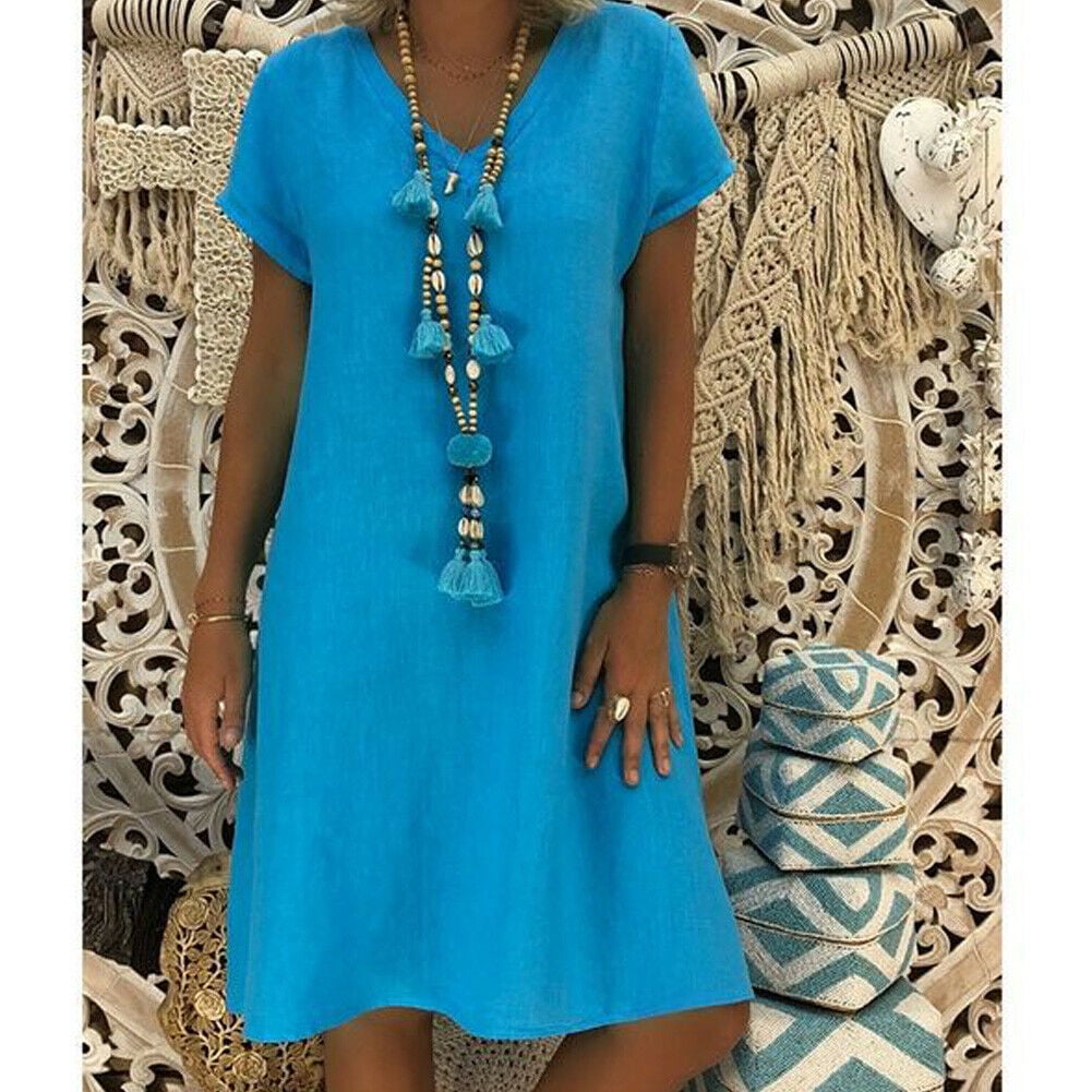 Women's Summer Short Sleeve V-neck Long T-Shirt Ladies Casual Dress Boho Dress Women's Summer Short Sleeve V-neck Long T-Shirt Ladies Casual Dress Boho Dress