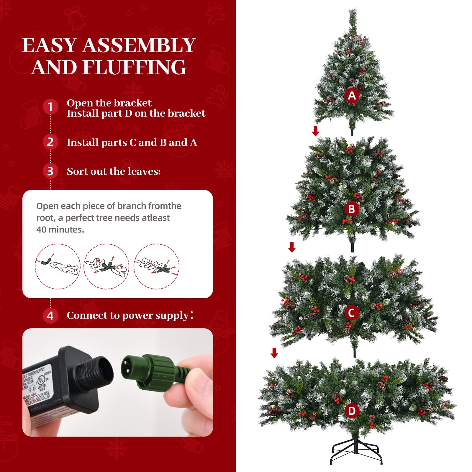 Pre-Lit Artificial Christmas Tree 7.5 ft Green PVC with Lights, Berries, Pinecones