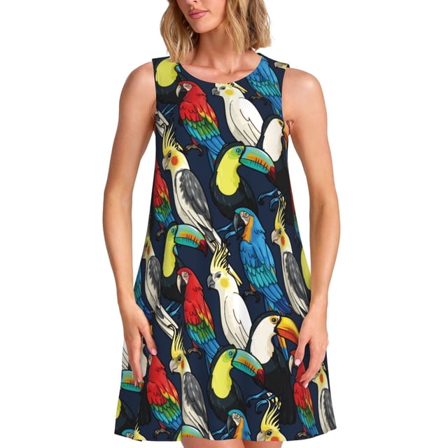 Fotbe Parrot Vestido de Verano sin Mangas para Mujer – Vestido Midi Línea A, Estilo Camiseta Floral, Vestido Playero Casual y Fluido