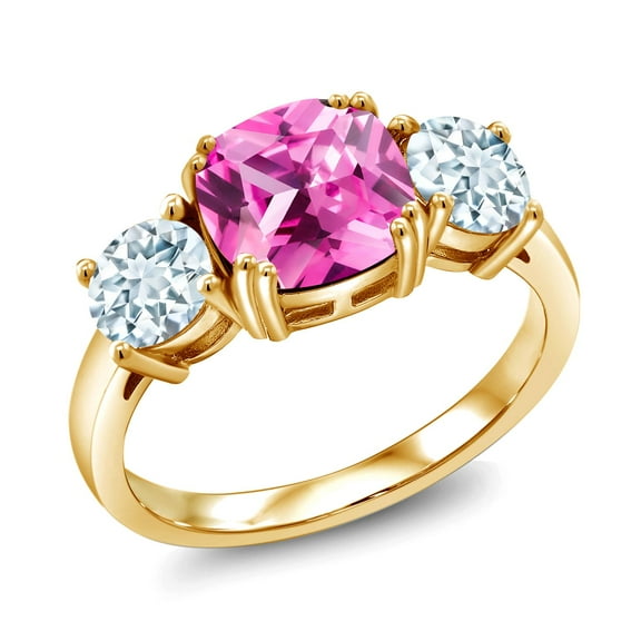Gem Stone King 18K Yellow Gold Plated Silver Pink Created Sapphire and Sky Blue Aquamarine 3 Stone Engagement Ring for Women (3.75 Cttw, Gemstone September Birthstone, Cushion 8MM, Size 8)