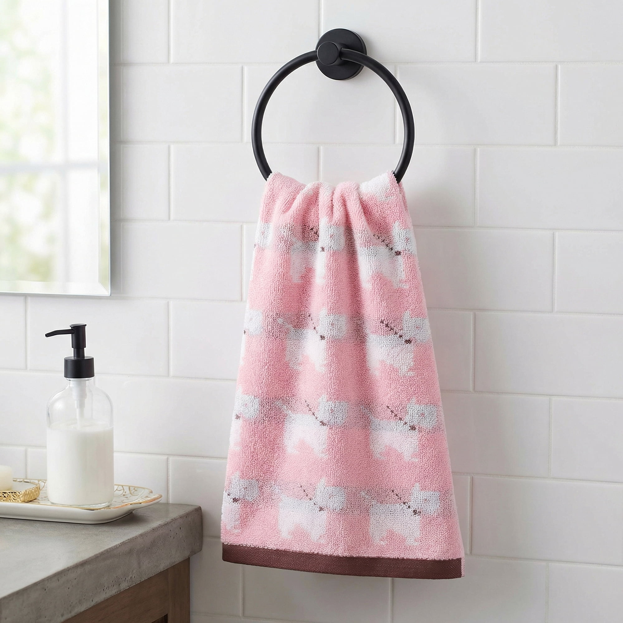 Unique Bargains Animal Pattern Cotton Jacquard Absorbent Hand Towel Pink 29" x 13"