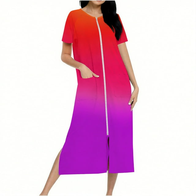 Robes for Women Zip Up Long Housecoat Knit Bathrobes Full Length Pockets