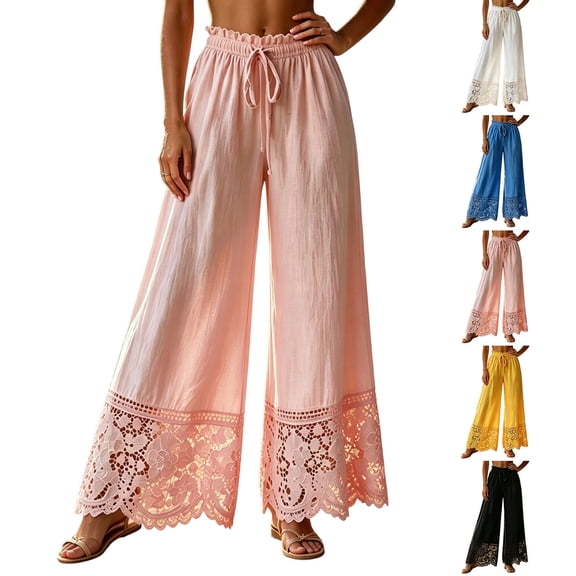 Women's Boho Lace Hem Wide Leg Palazzo Pants Drawstring Elastic Waist Loose Casual Trousers with Pockets Lightweight Lounge Beach Pants Yellow