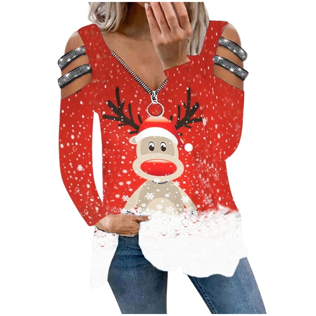 Gibobby Playeras Mujer Tops navideños estampados con hombros descubiertos Tops Sexy manga Otoño/Invierno largo de talla grande Tops(Rojo, M)