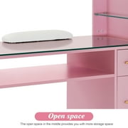 BarberPub Nail Desk with Galss Top, Manicure Table with Drawers and Storage Shelves