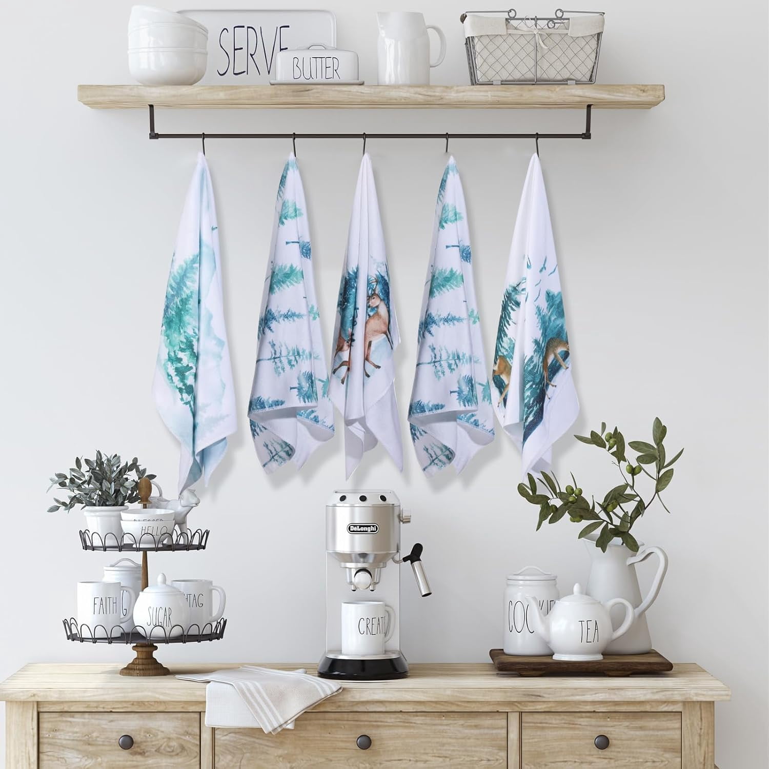 pogooe 6 Pcs Christmas Kitchen Towels Hello Winter Tea Towels Pine Trees Reindeer Dish Towels Woodland Dish Cloths Snow Home Decoration for Winter Housewarming Cooking Bathroom Gift, 18 x 26''''