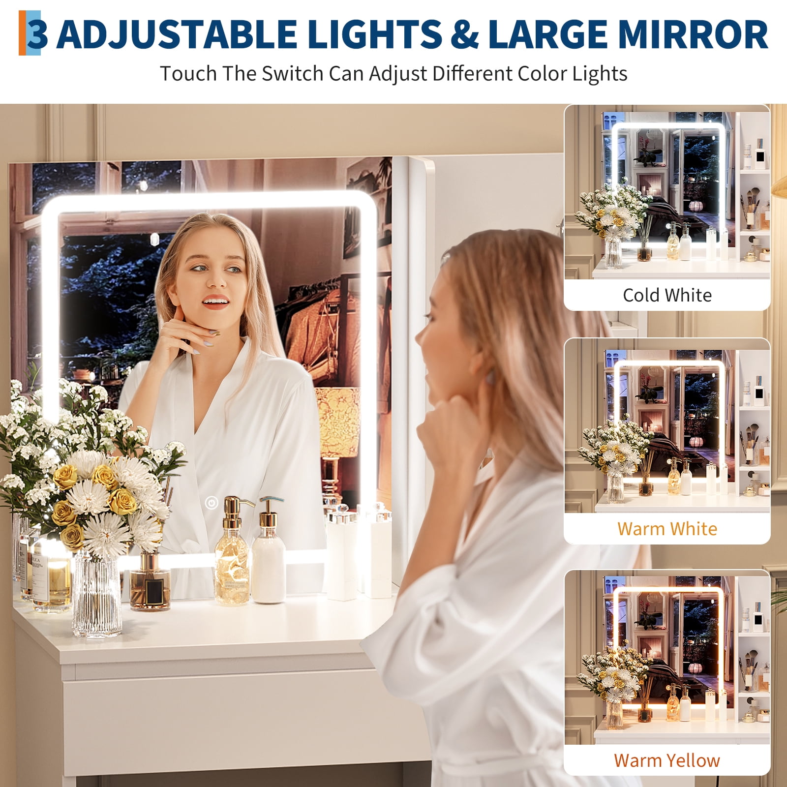 M optimized Vanity Desk with Mirror and Lights - Modern Makeup Dressing Table with Outlets, Storage Stool, 4 Drawers & Hair Dryer Holder - 3 Colors LED Vanity Mirror, Vanities for Bedroom