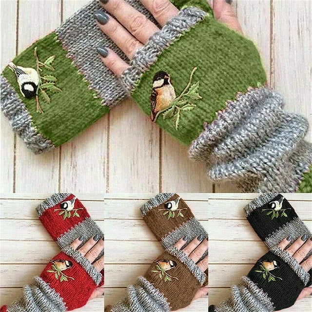 Guantes con bordado de pájaros, guantes tejidos de invierno cálidos sin dedos, manoplas de empalme de bloques de Color, guantes para mujeres y niñas