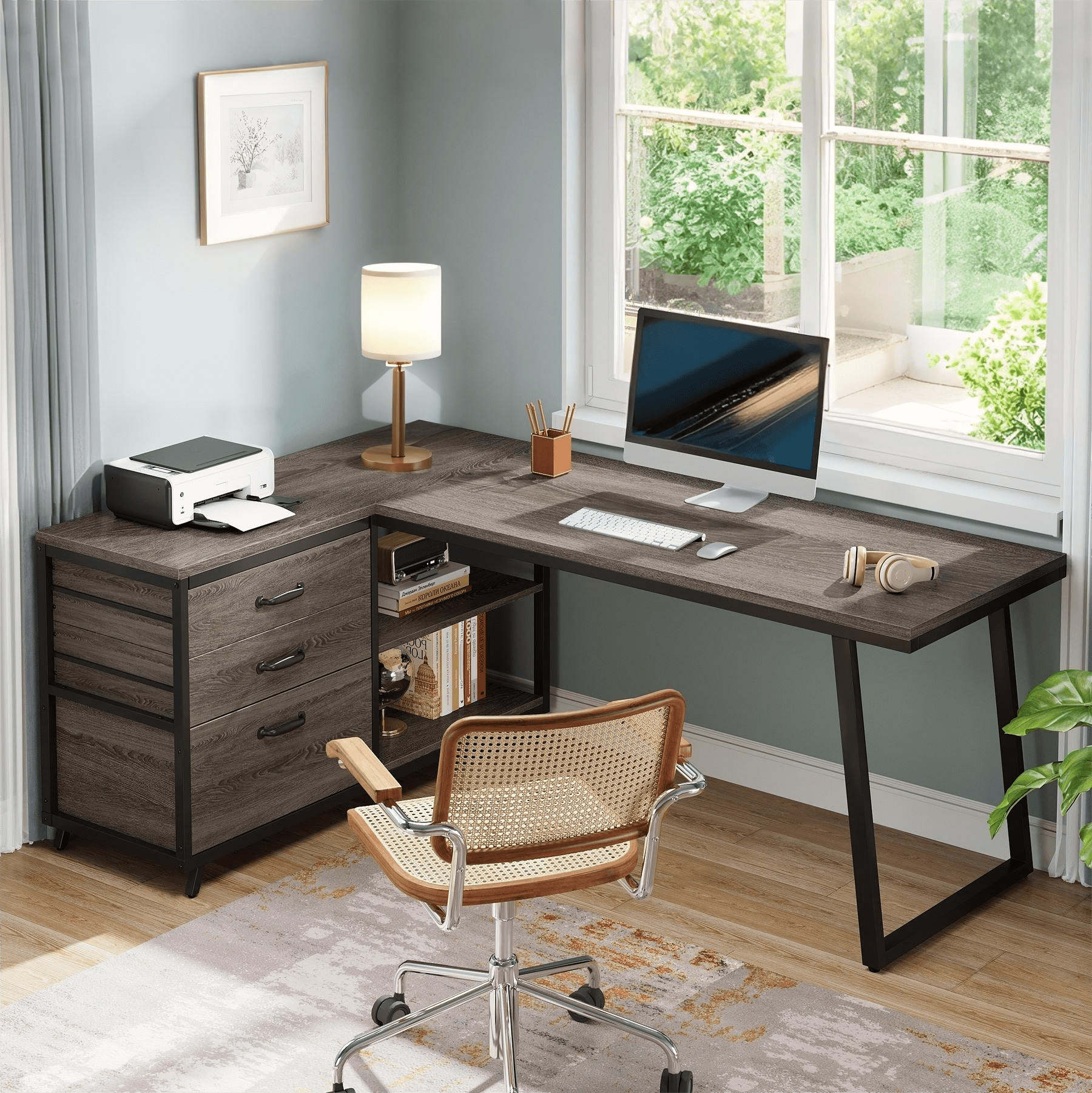 Fnova 53.15" L-shaped Computer Desk with 3 Drawers, Wood Tabletop, Metal Frame Office Desk, Gray