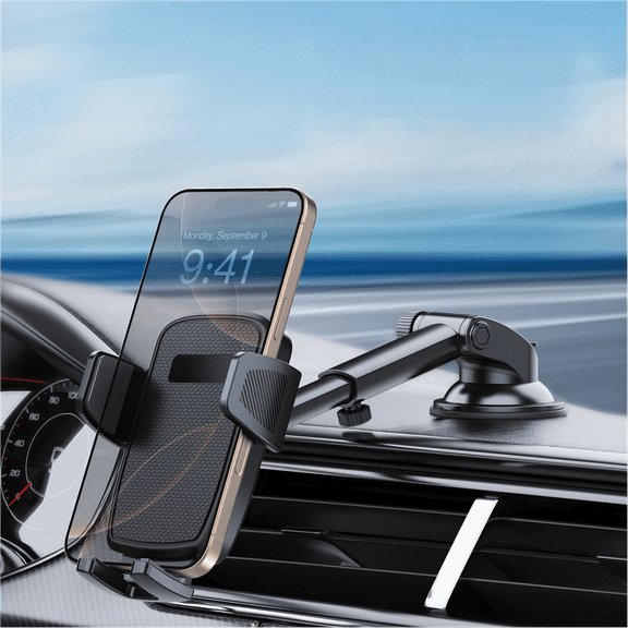 Behome Car Phone Holder, Car Mount Phone Holder with Strongest Suction & Rotatable & Adjustable Length, for Center Console, Windshield, All Smartphones, Black