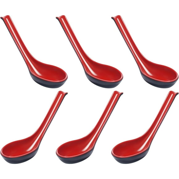 NUOMI Chinese Soup Spoons Won Ton/Rice Spoons, Asian Style Red&Black Spoon- Notch and Hook- 6 Pack Melamine Dinner Ware