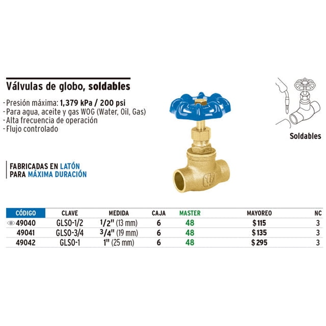 Válvula de globo de latón soldable de 1/2' Foset Válvula de globo de latón soldable de 1/2'