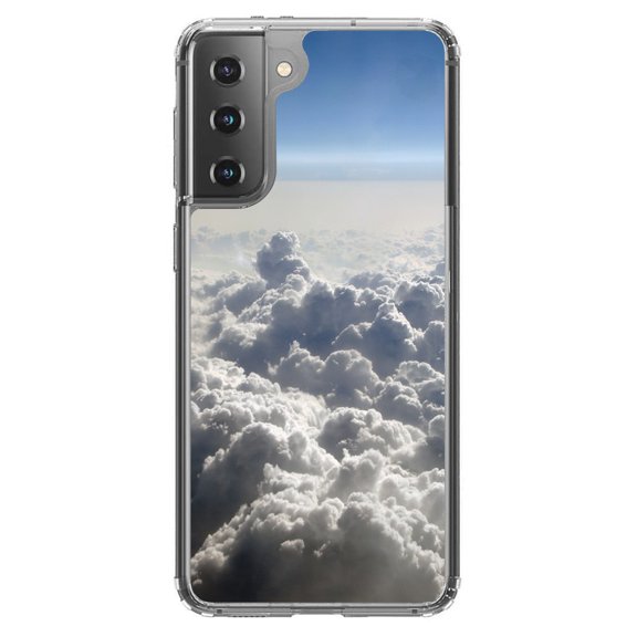 DistinctInk Clear Shockproof Hybrid Case for Galaxy S21 5G (6.2" Screen) - TPU Bumper, Acrylic Back, Tempered Glass Screen Protector - Blue Sky Above Clouds