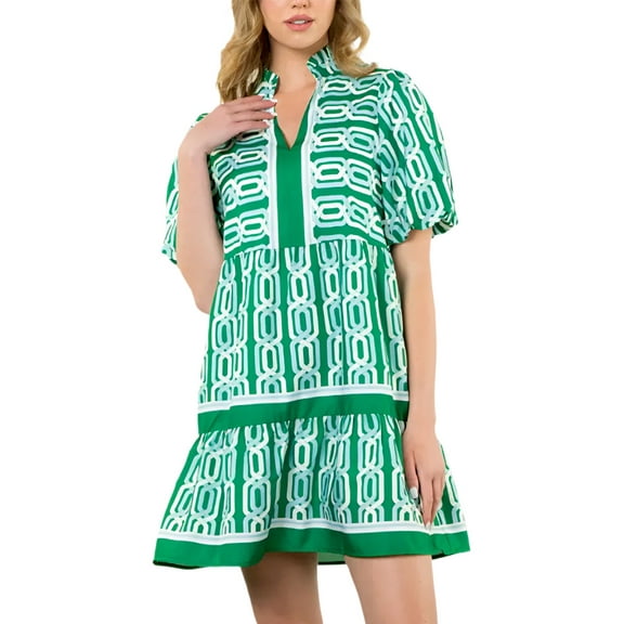 Women's Bright Green Abstract Patterned V Neck Mini Dress with Puff Short Sleeves | [ZhiHiMeRi] | (US 12-14)L