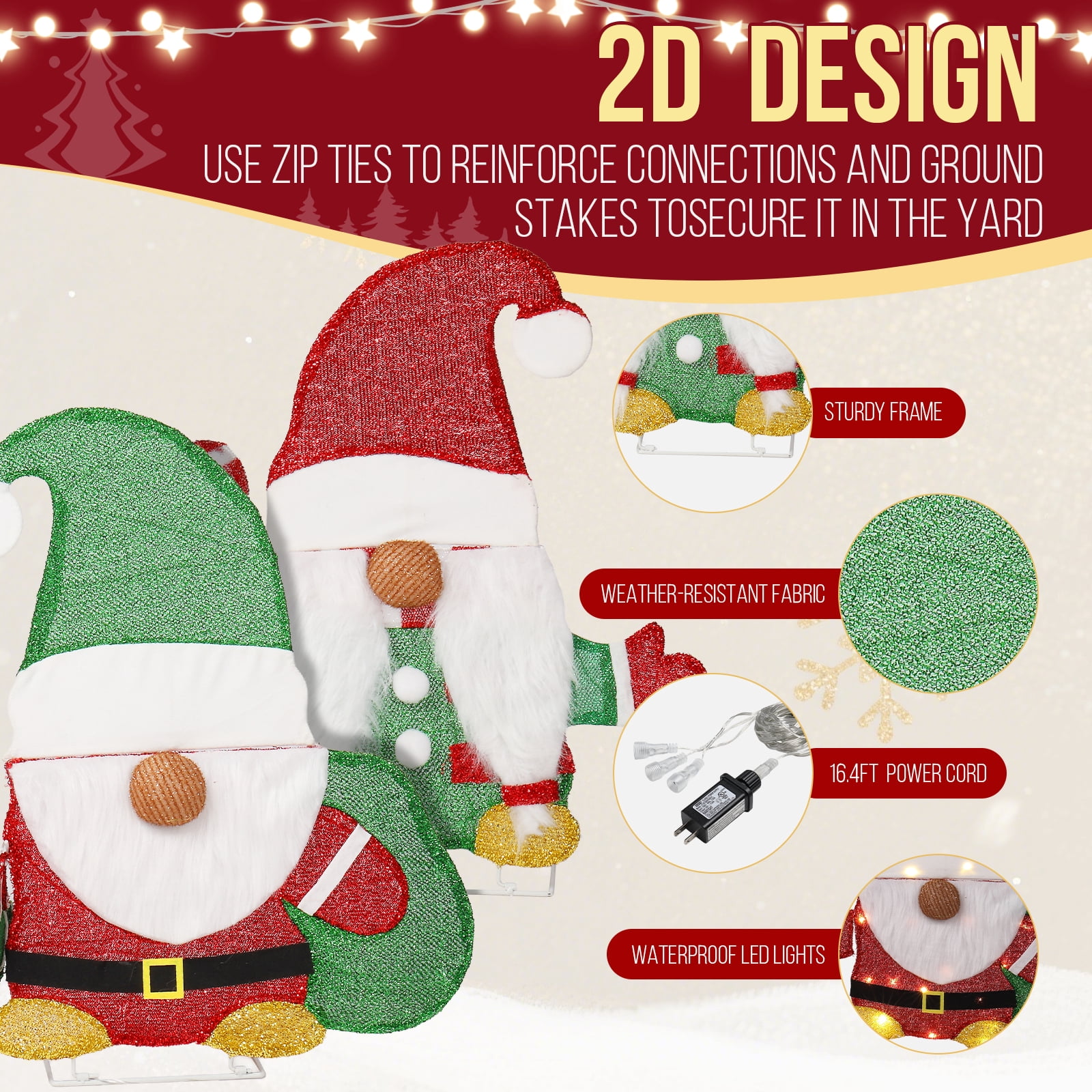 Astoutdoor Set of 2 Lighted Christmas Gnome Decorations, Pre-lit 2D Holiday Display with 80 Warm White LED Lights, Indoor Outdoor, White