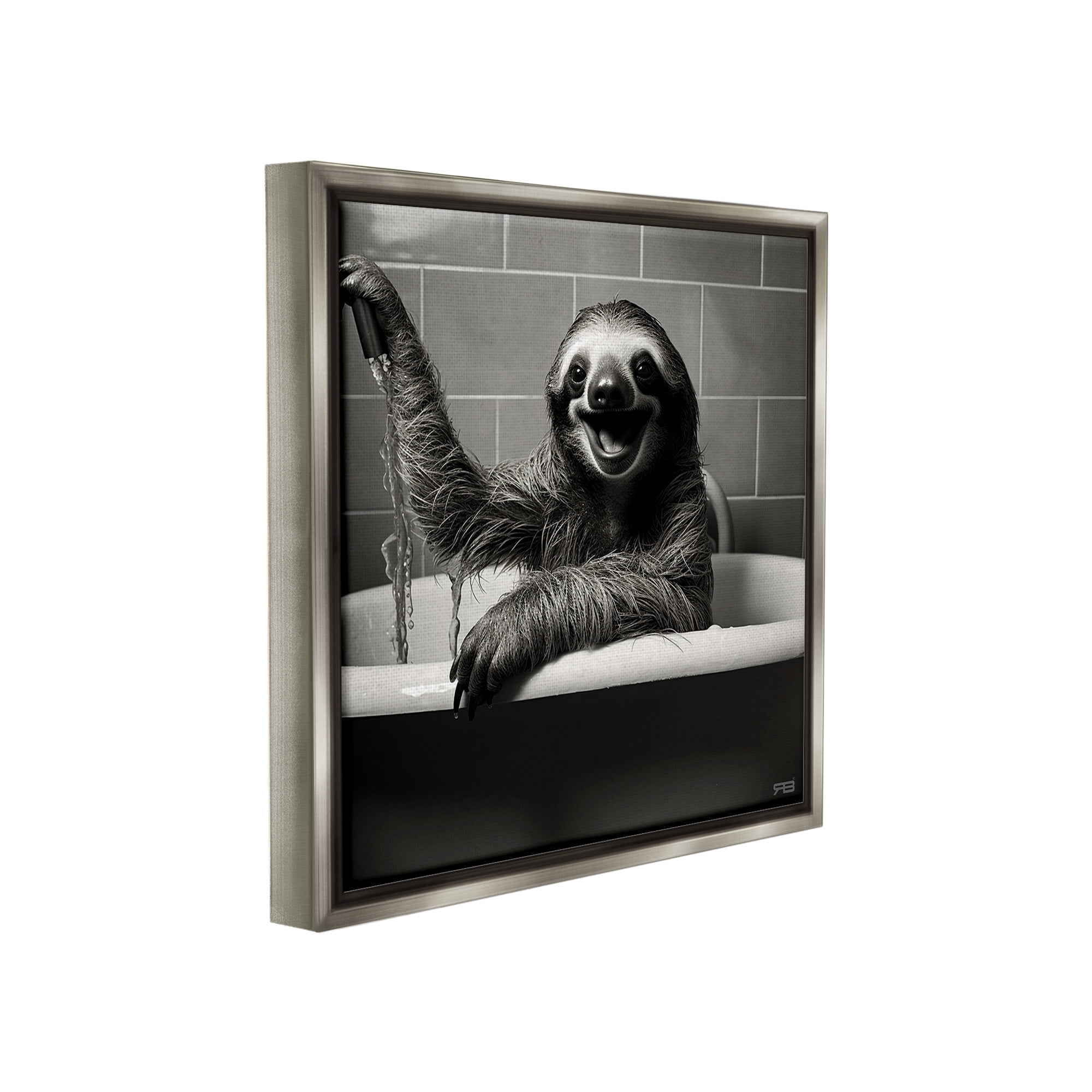 Stupell Industries Smiling Sloth in Tub Animals & Insects Painting Gray Floater Framed Canvas Art Print Wall Art, 25 x 25