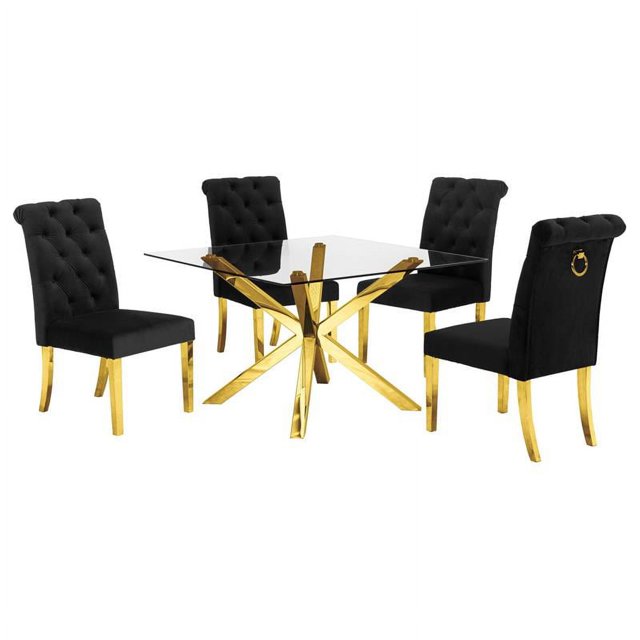 Square 47" x 47" Clear Glass 5pc Dining Set with Gold Stainless Steel