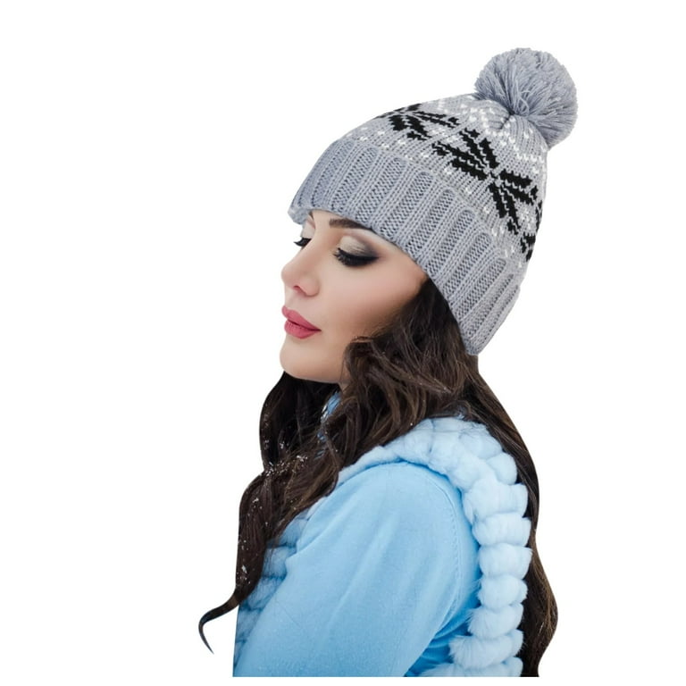 Knit Fuzzy Pom Snowflake Christmas Hat Woolen Hat Warm Knit Hat