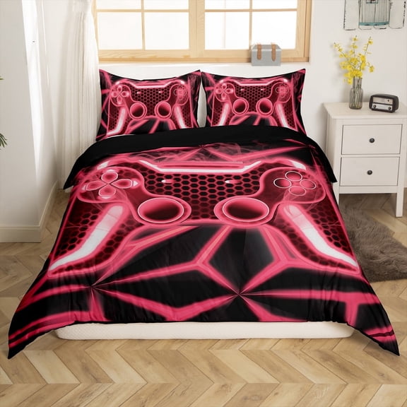 Erosebridal Video Game Comforter Cover Twin,Pink Neon Bedding Twin Size,Geometric Honeycomb Duvet Cover Twin,Lightweight Gamepads Bedroom Decorative,Reversible,2-Piece(No Comforter)